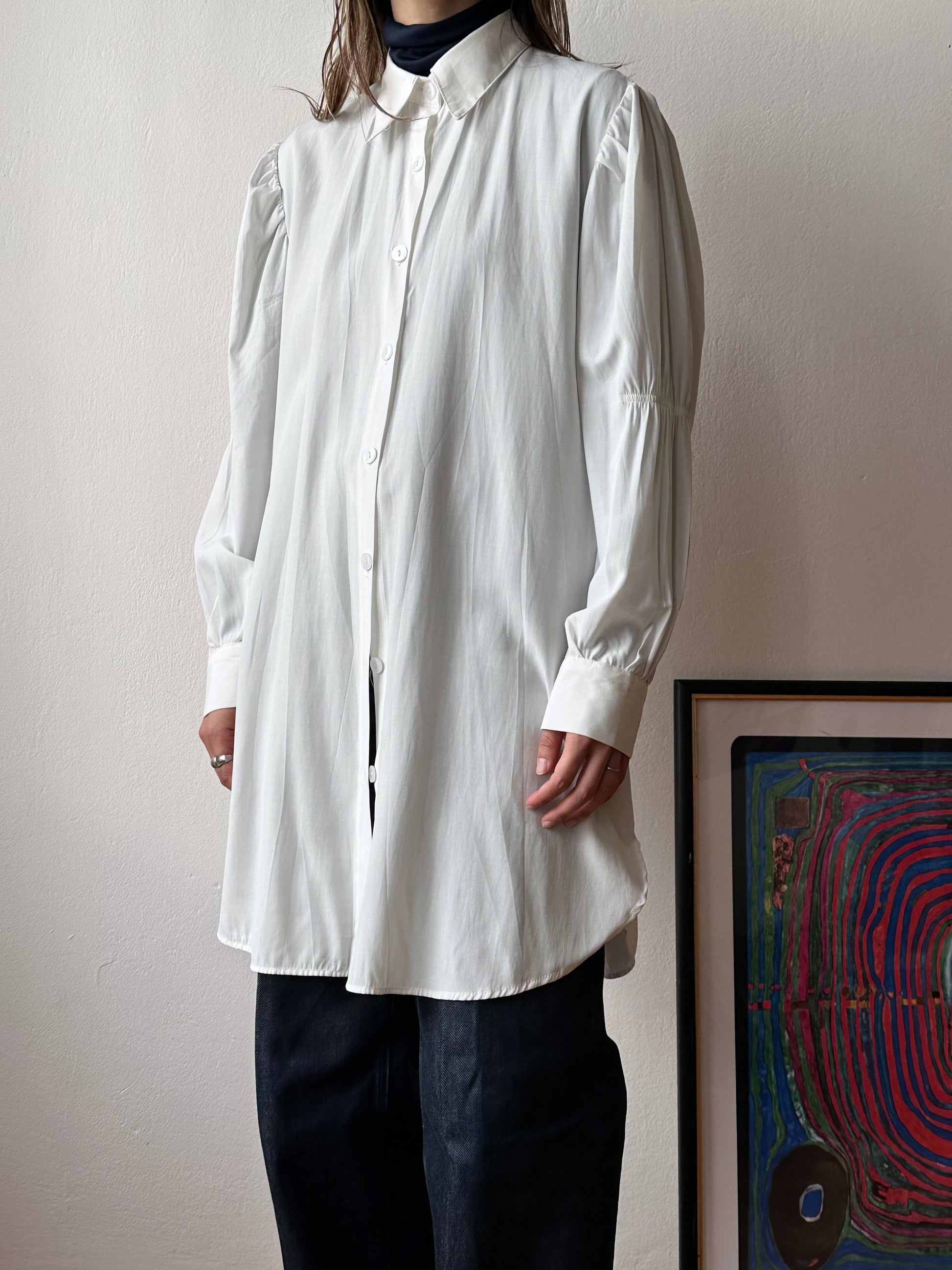 Yves Saint Lauren YSL white shirt 1980s vintage 80s rayon polyester gathered sleeve long length サンローラン ヴィンテージ シャツ 白シャツ カッターシャツ 古着 古着屋 プラハ TOTO