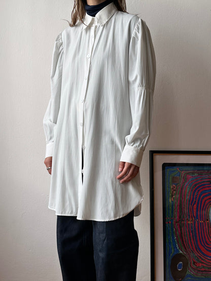 Yves Saint Lauren YSL white shirt 1980s vintage 80s rayon polyester gathered sleeve long length サンローラン ヴィンテージ シャツ 白シャツ カッターシャツ 古着 古着屋 プラハ TOTO