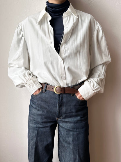 Yves Saint Lauren YSL white shirt 1980s vintage 80s rayon polyester gathered sleeve long length サンローラン ヴィンテージ シャツ 白シャツ カッターシャツ 古着 古着屋 プラハ TOTO