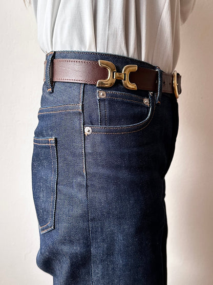 brown leather belt with gold buckle
