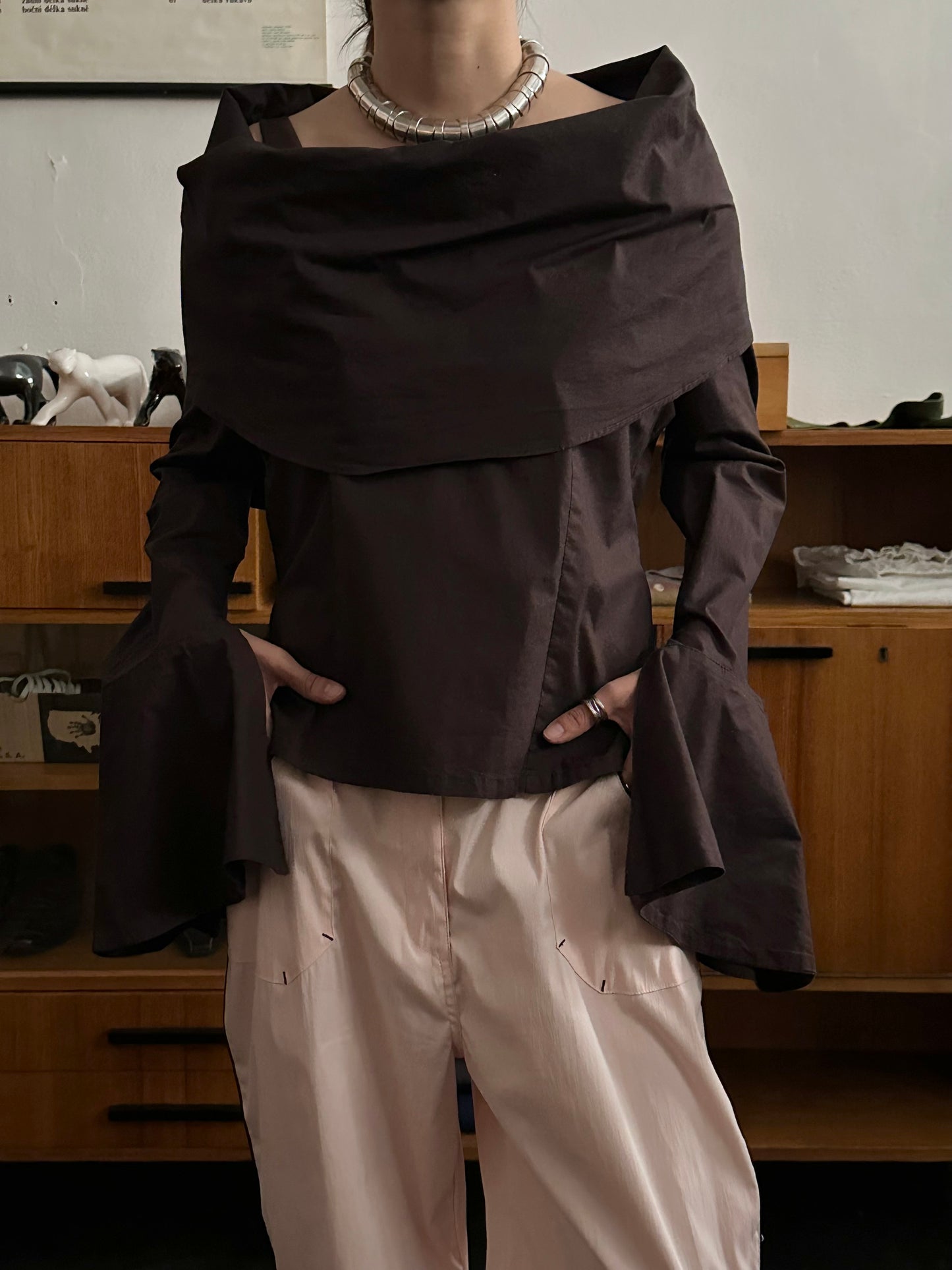 big collar brown cotton shirt