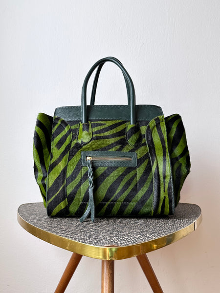 Italy green leather zebra harako calf bag genuine nappa leather leder レザー レザーバッグ ハンドバッグ ゼブラ グリーン 緑 ハラコ 子牛 カーフレザー ヴィンテージ 鞄