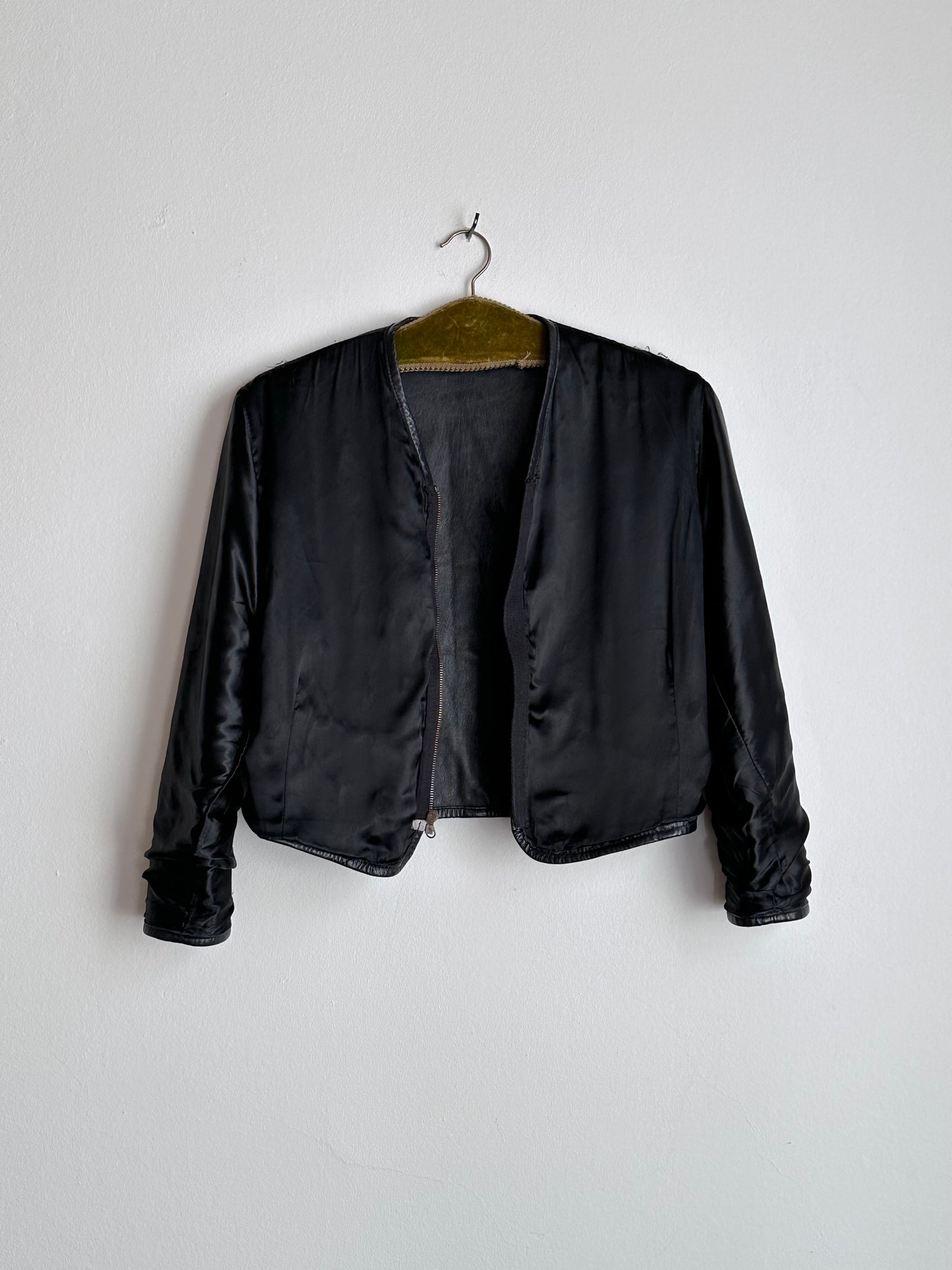 80s Italy lamb leather collarless jacket