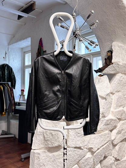 80s Italy lamb leather collarless jacket