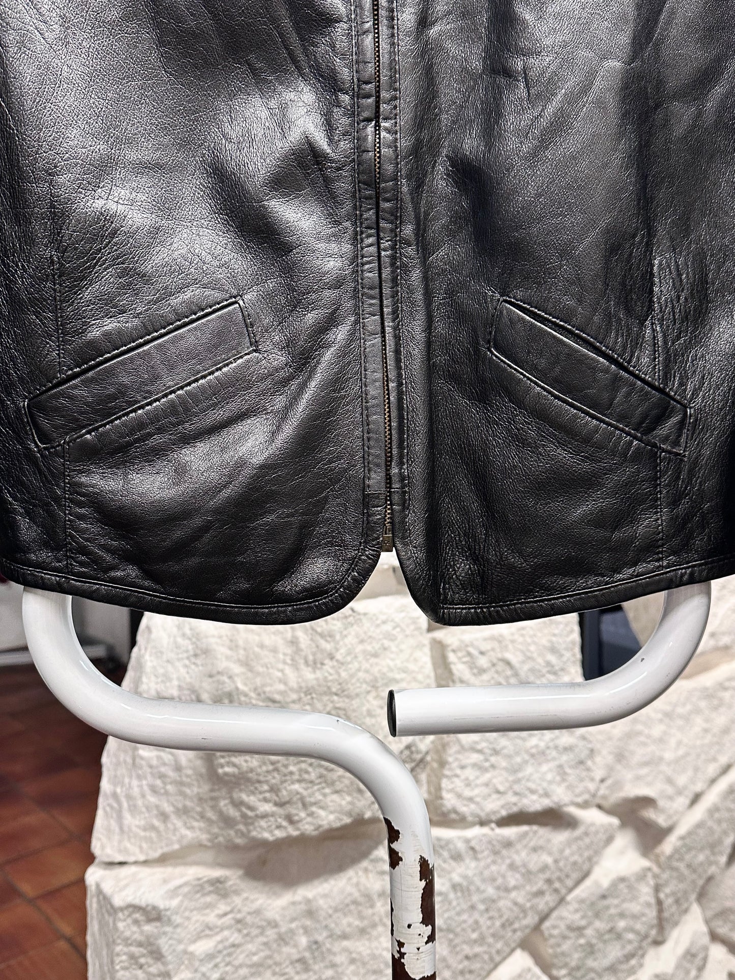 80s Italy lamb leather collarless jacket