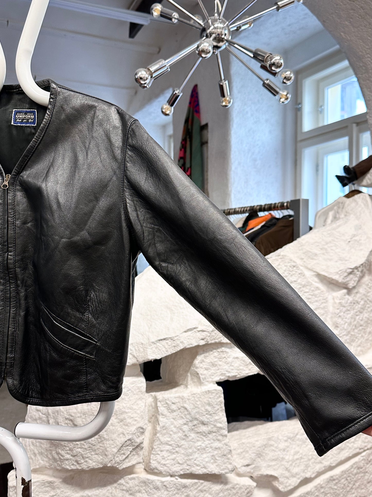80s Italy lamb leather collarless jacket