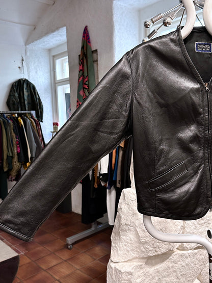 80s Italy lamb leather collarless jacket