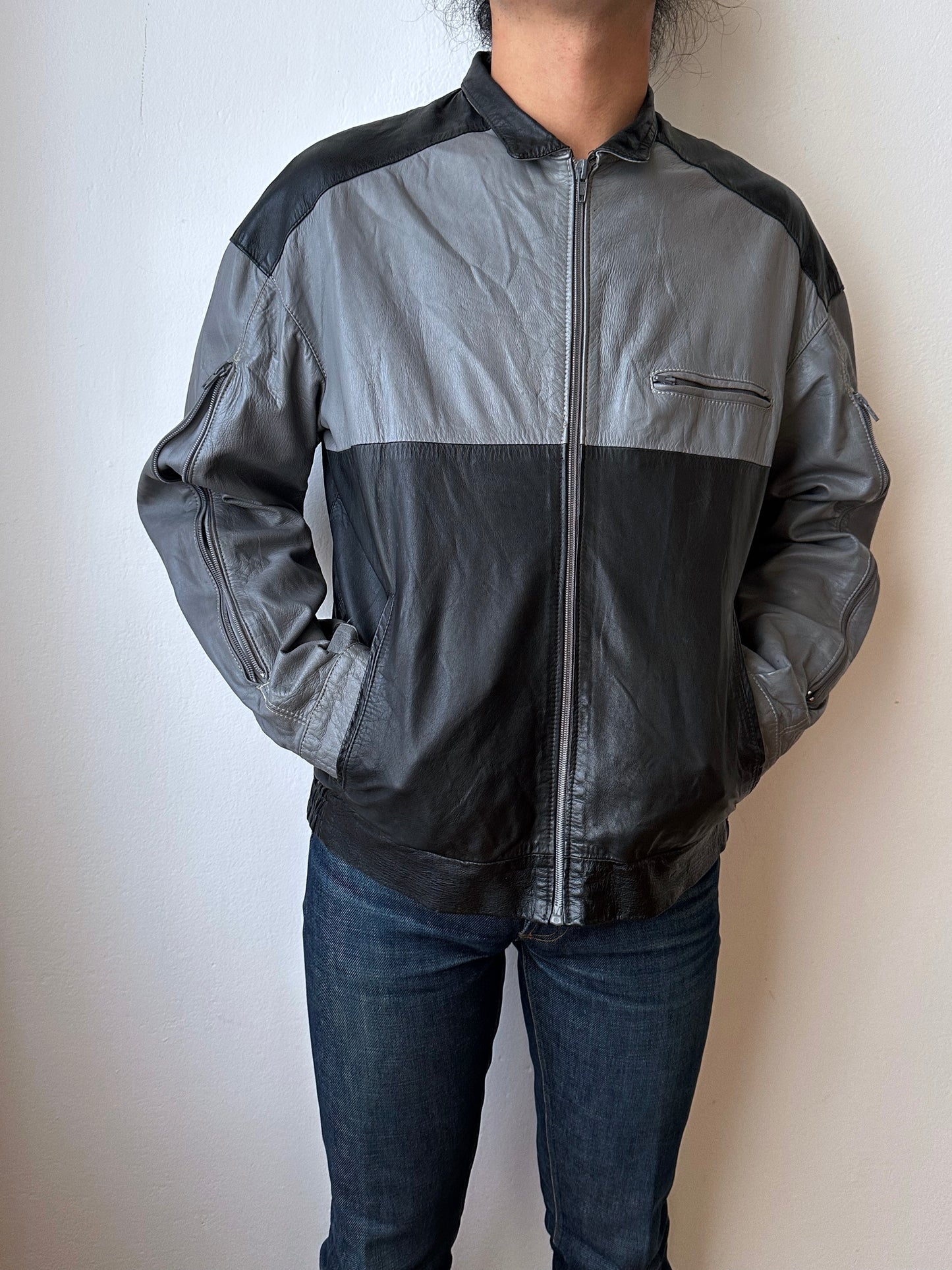 80's Leather Jacket Two tone Made in Italy Gray Black Toto Vintage clothing store Antique shop Praha Prague Italian 80年代 古着屋 プラハ ユーロ古着 古着卸 ヨーロッパ古着 フランス買い付け イタリア製