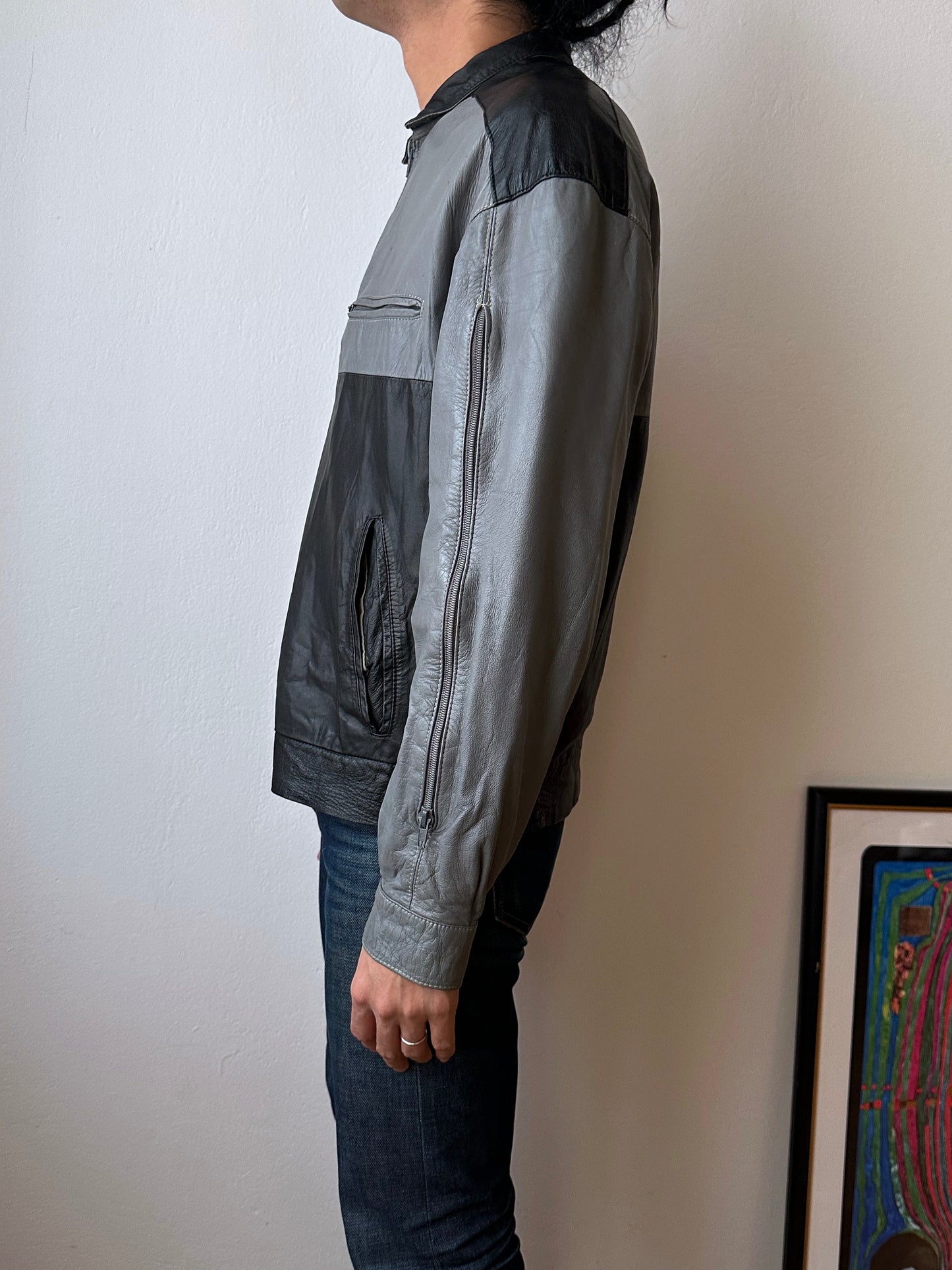 80's Leather Jacket Two tone Made in Italy Gray Black Toto Vintage clothing store Antique shop Praha Prague Italian 80年代 古着屋 プラハ ユーロ古着 古着卸 ヨーロッパ古着 フランス買い付け イタリア製