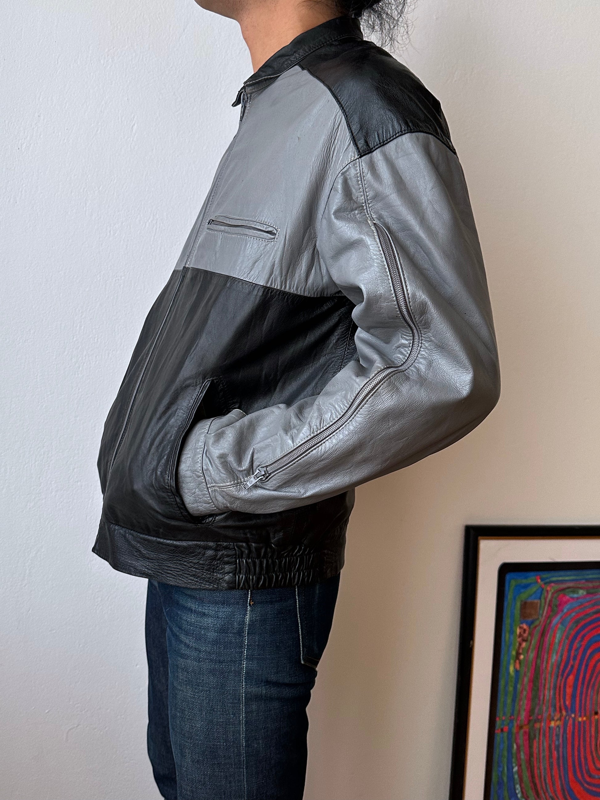 80's Leather Jacket Two tone Made in Italy Gray Black Toto Vintage clothing store Antique shop Praha Prague Italian 80年代 古着屋 プラハ ユーロ古着 古着卸 ヨーロッパ古着 フランス買い付け イタリア製