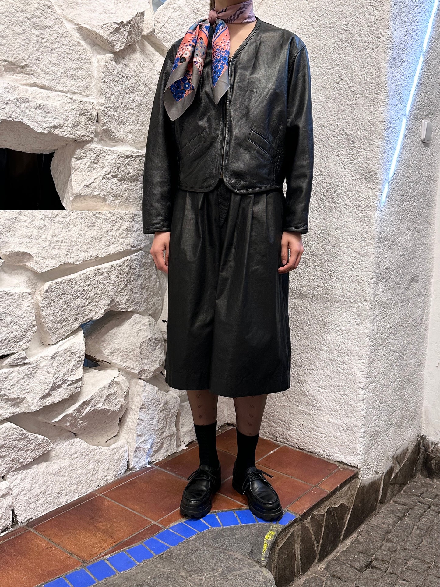 80s Italy lamb leather collarless jacket