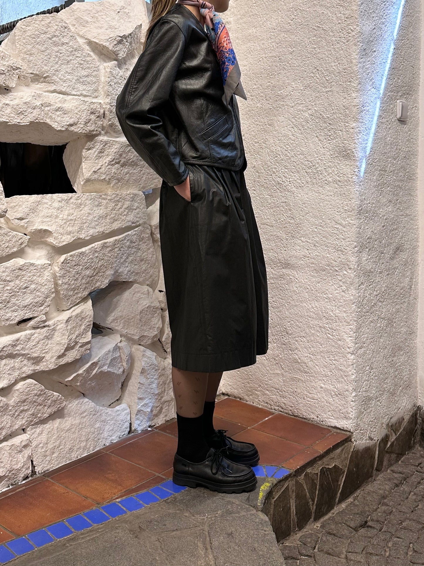 80s Italy lamb leather collarless jacket