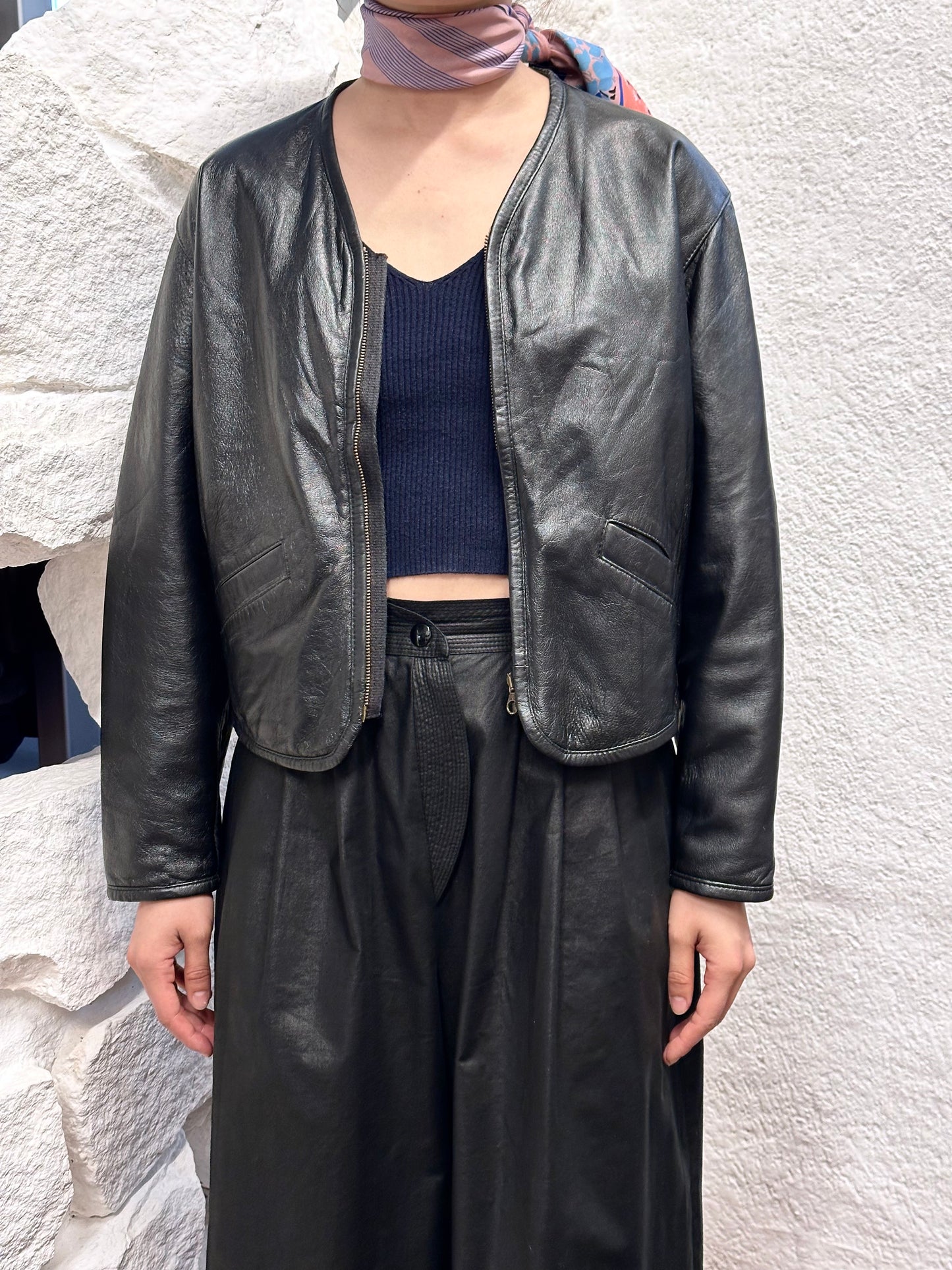 80s Italy lamb leather collarless jacket