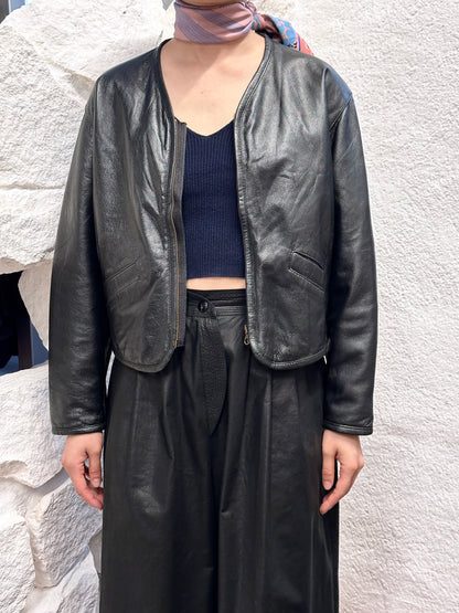 80s Italy lamb leather collarless jacket