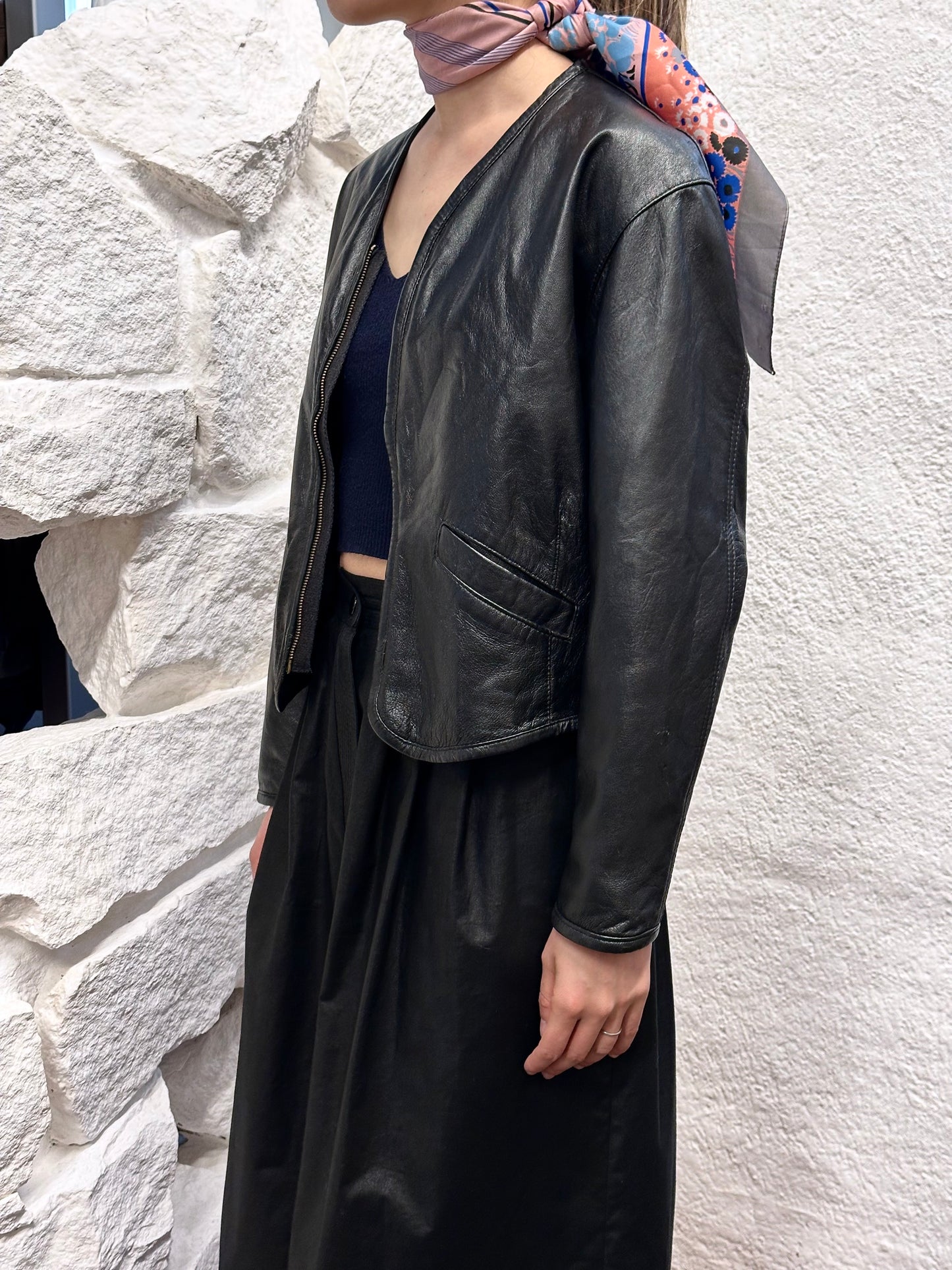 80s Italy lamb leather collarless jacket