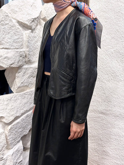 80s Italy lamb leather collarless jacket