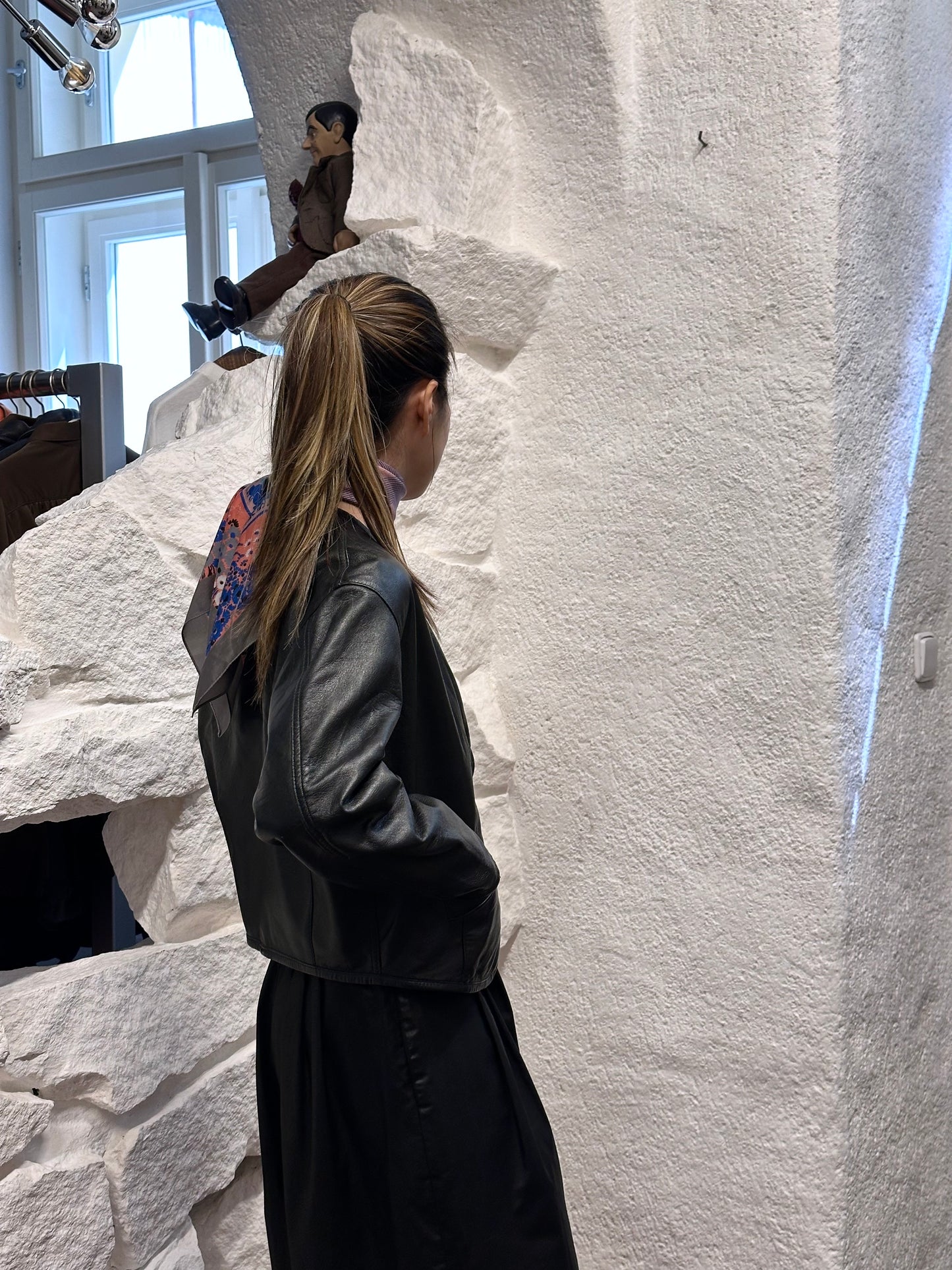 80s Italy lamb leather collarless jacket