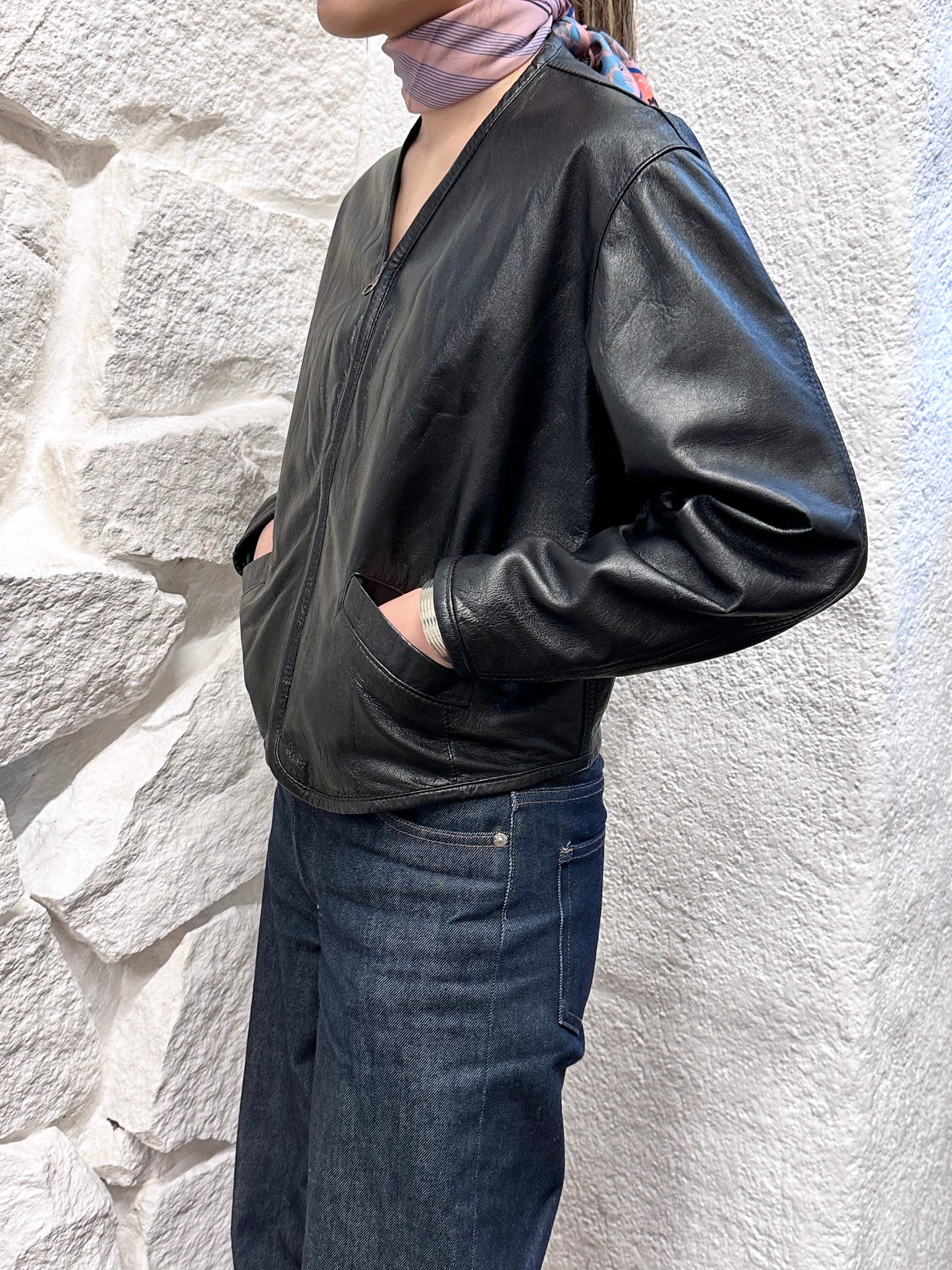 80s Italy lamb leather collarless jacket