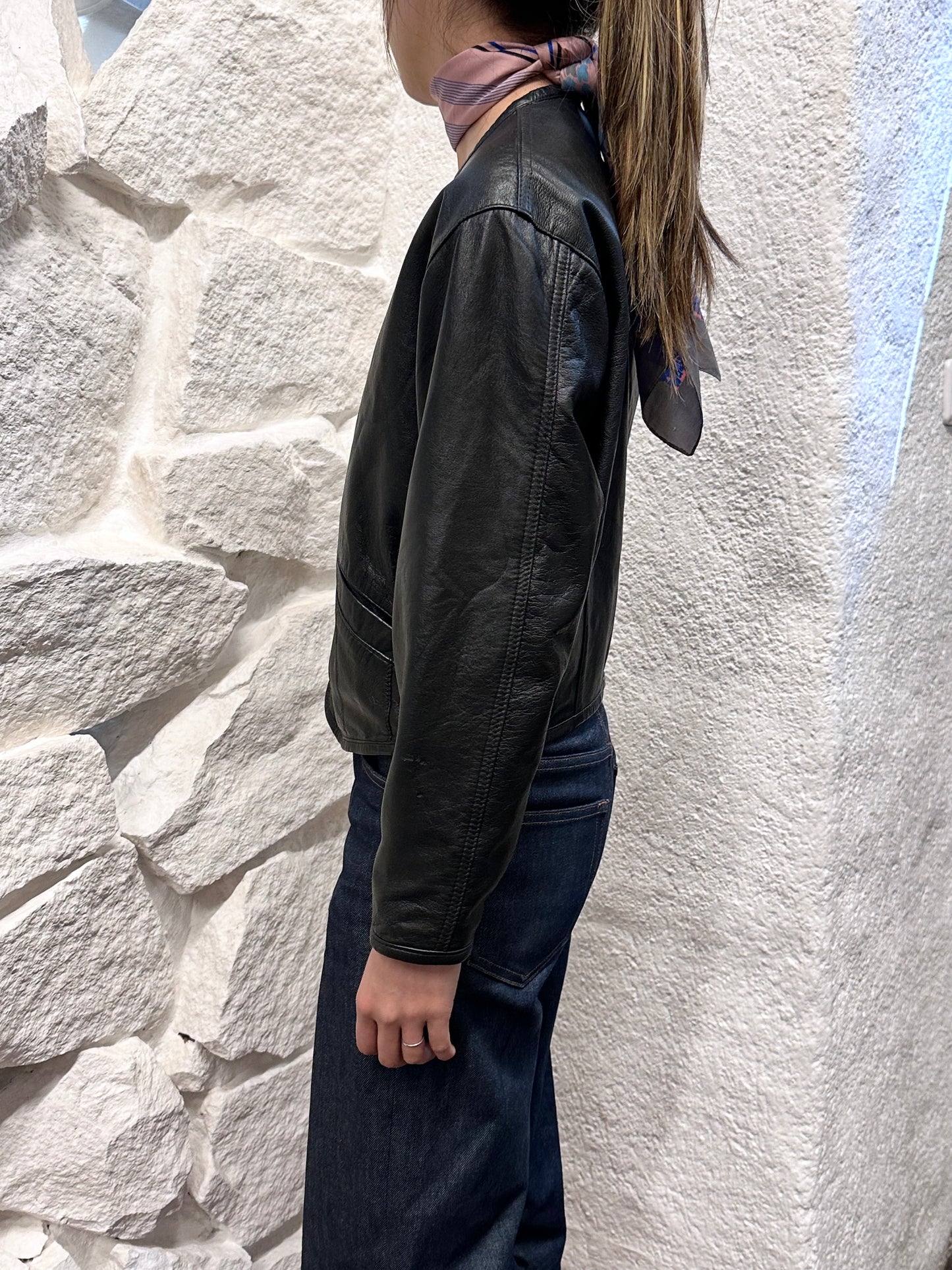 80s Italy lamb leather collarless jacket