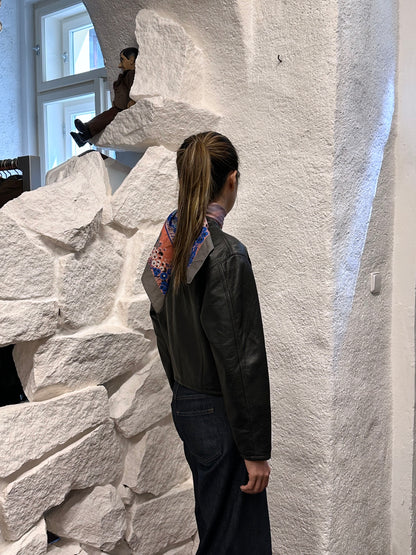 80s Italy lamb leather collarless jacket