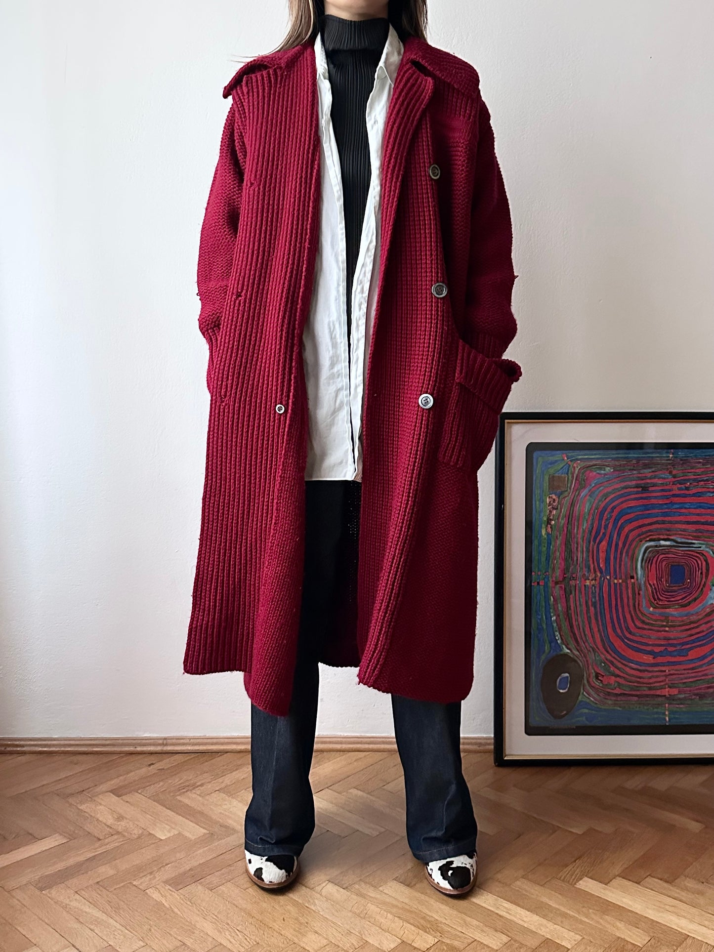 French vintage burgundy wool knit coat
