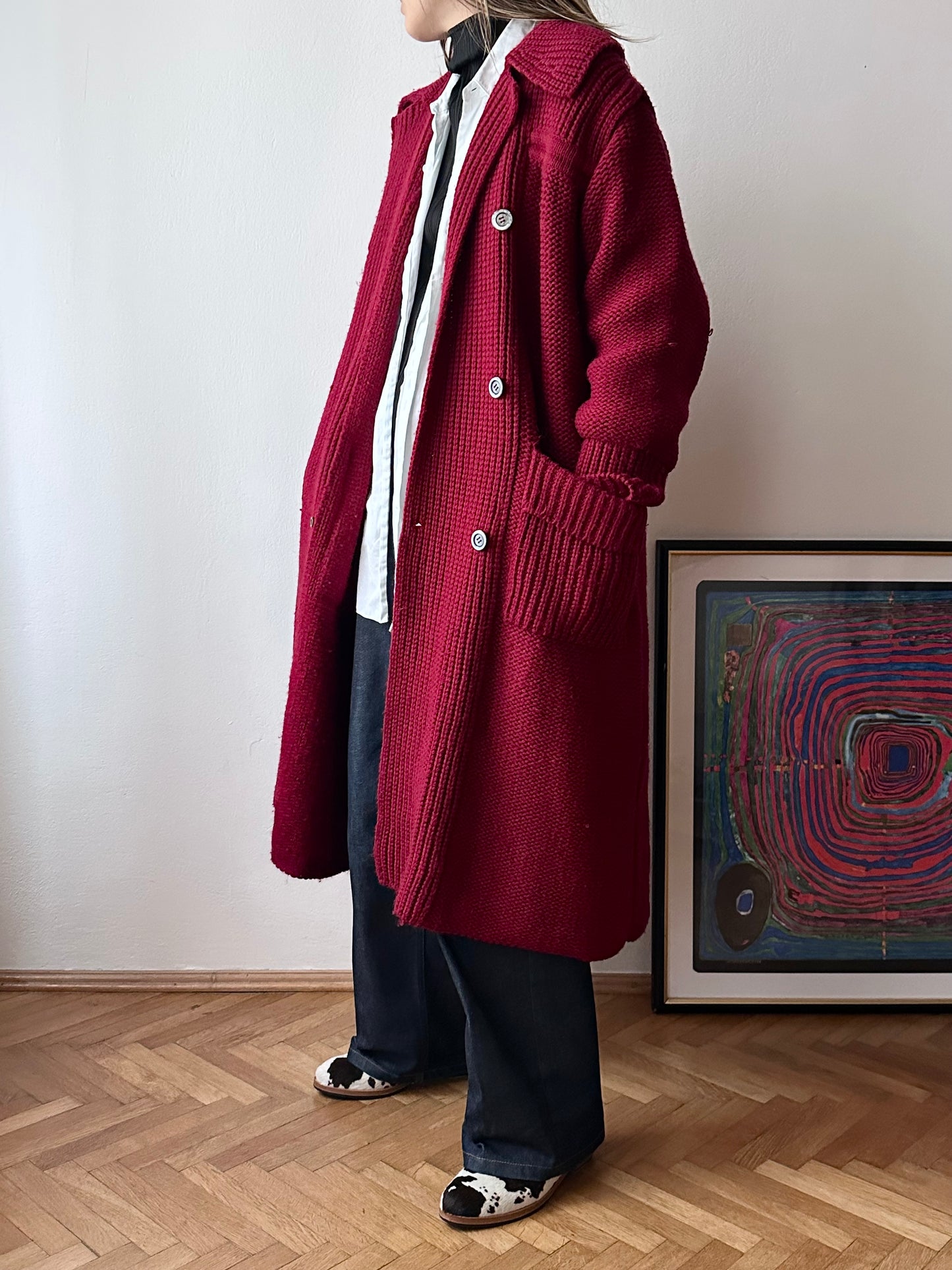 French vintage burgundy wool knit coat