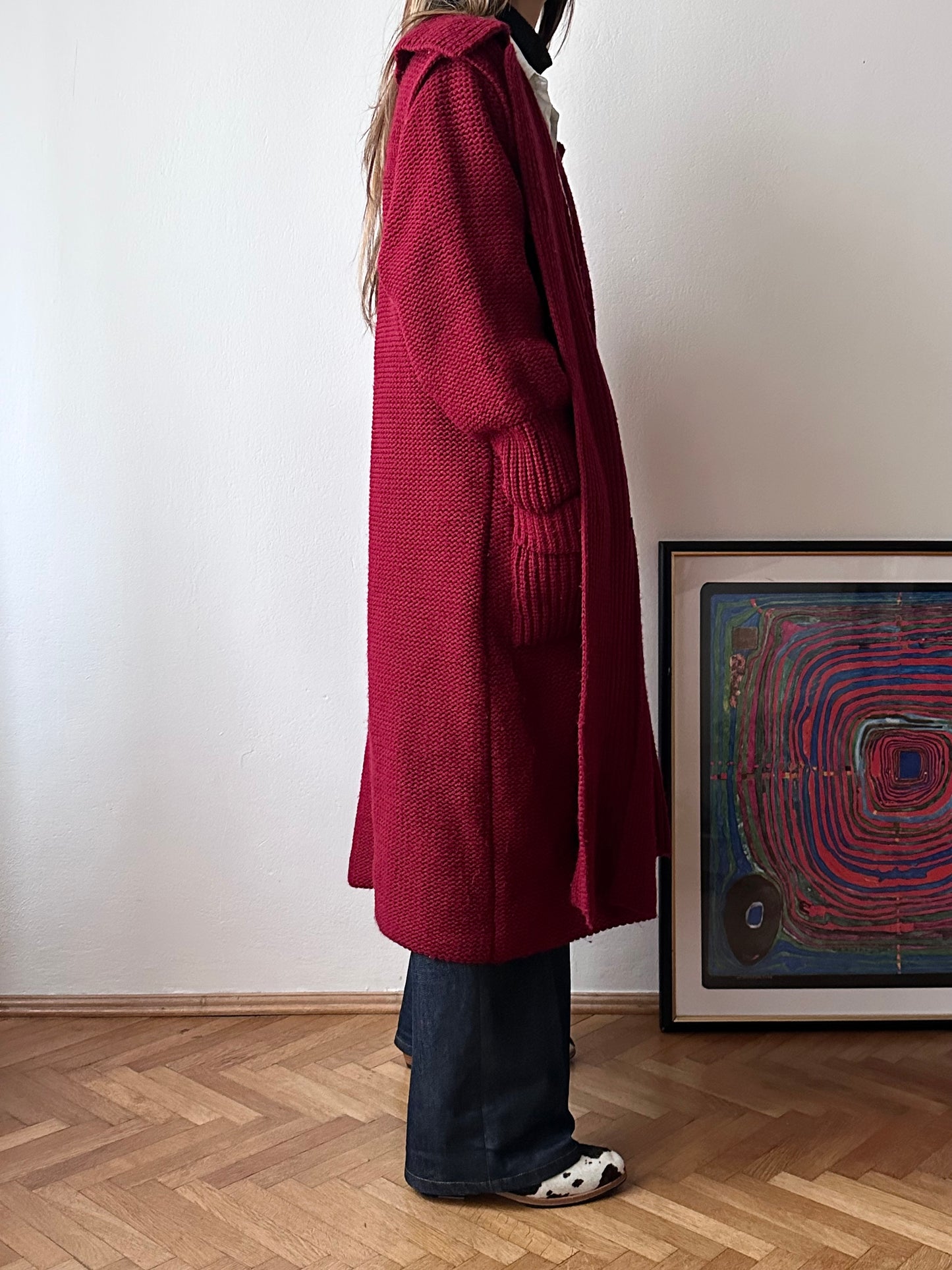 French vintage burgundy wool knit coat