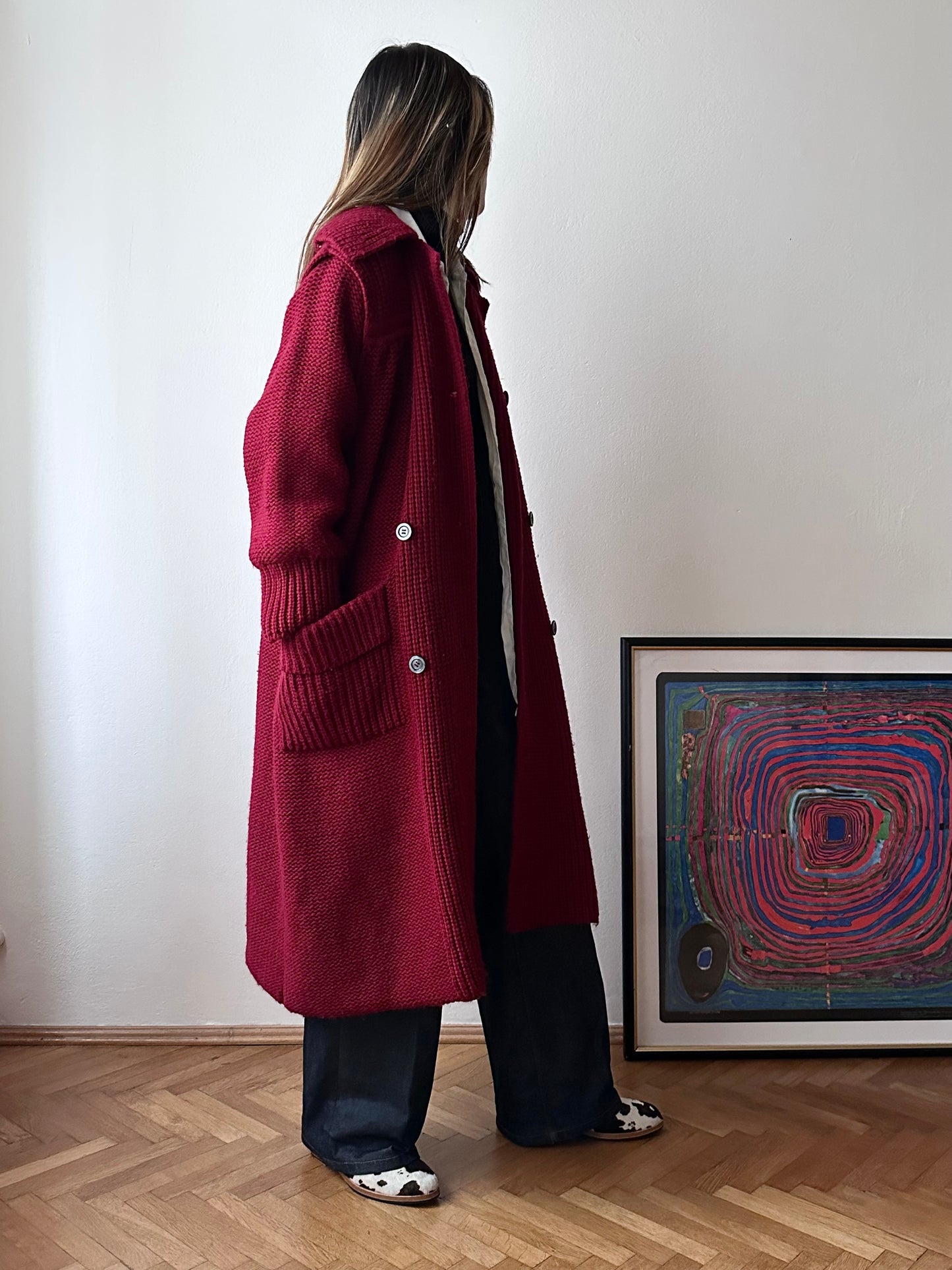 French vintage burgundy wool knit coat