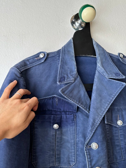 Circa 1940s Mont Saint Michel Blue Moleskin Firefighter Jacket