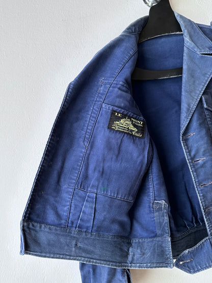 Circa 1940s Mont Saint Michel Blue Moleskin Firefighter Jacket
