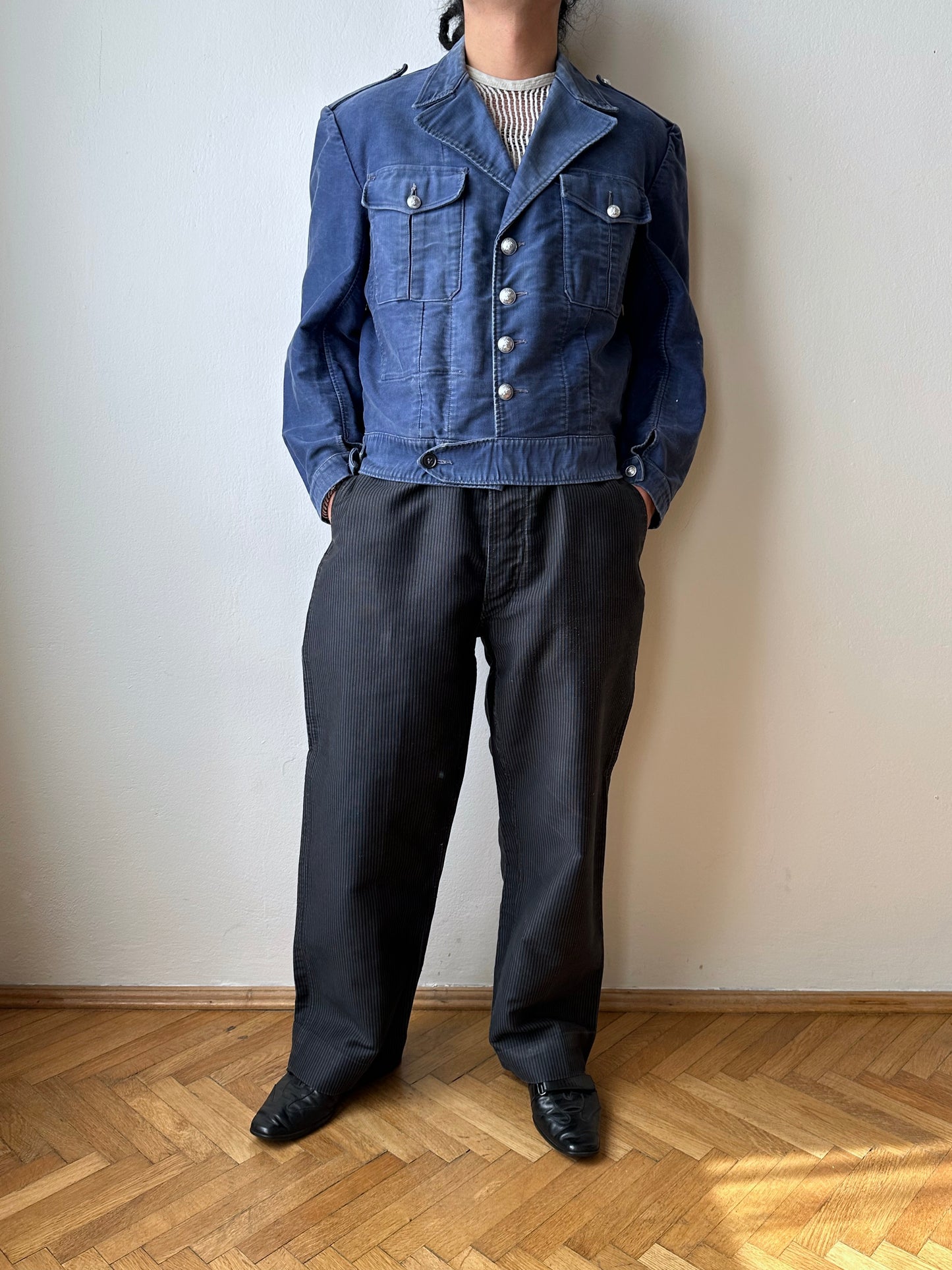 Circa 1940s Mont Saint Michel Blue Moleskin Firefighter Jacket