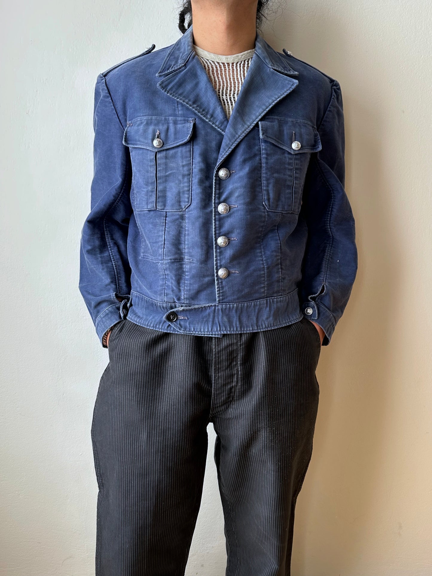 Circa 1940s Mont Saint Michel Blue Moleskin Firefighter Jacket