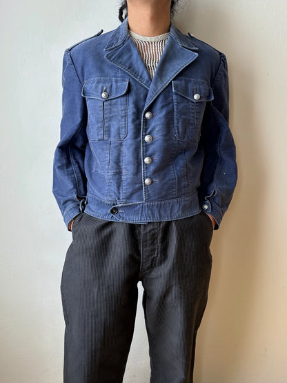 Circa 1940s Mont Saint Michel Blue Moleskin Firefighter Jacket