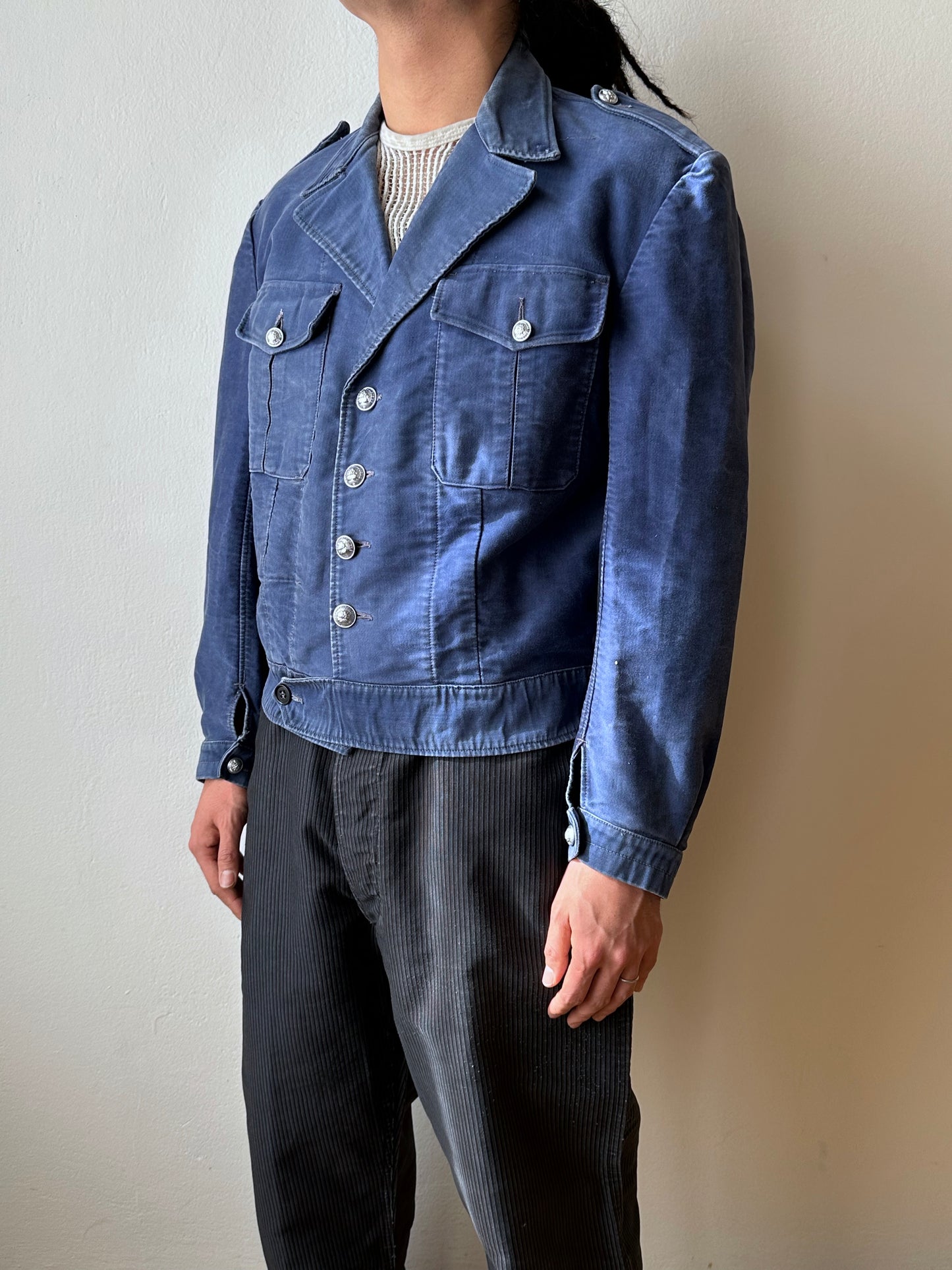Circa 1940s Mont Saint Michel Blue Moleskin Firefighter Jacket