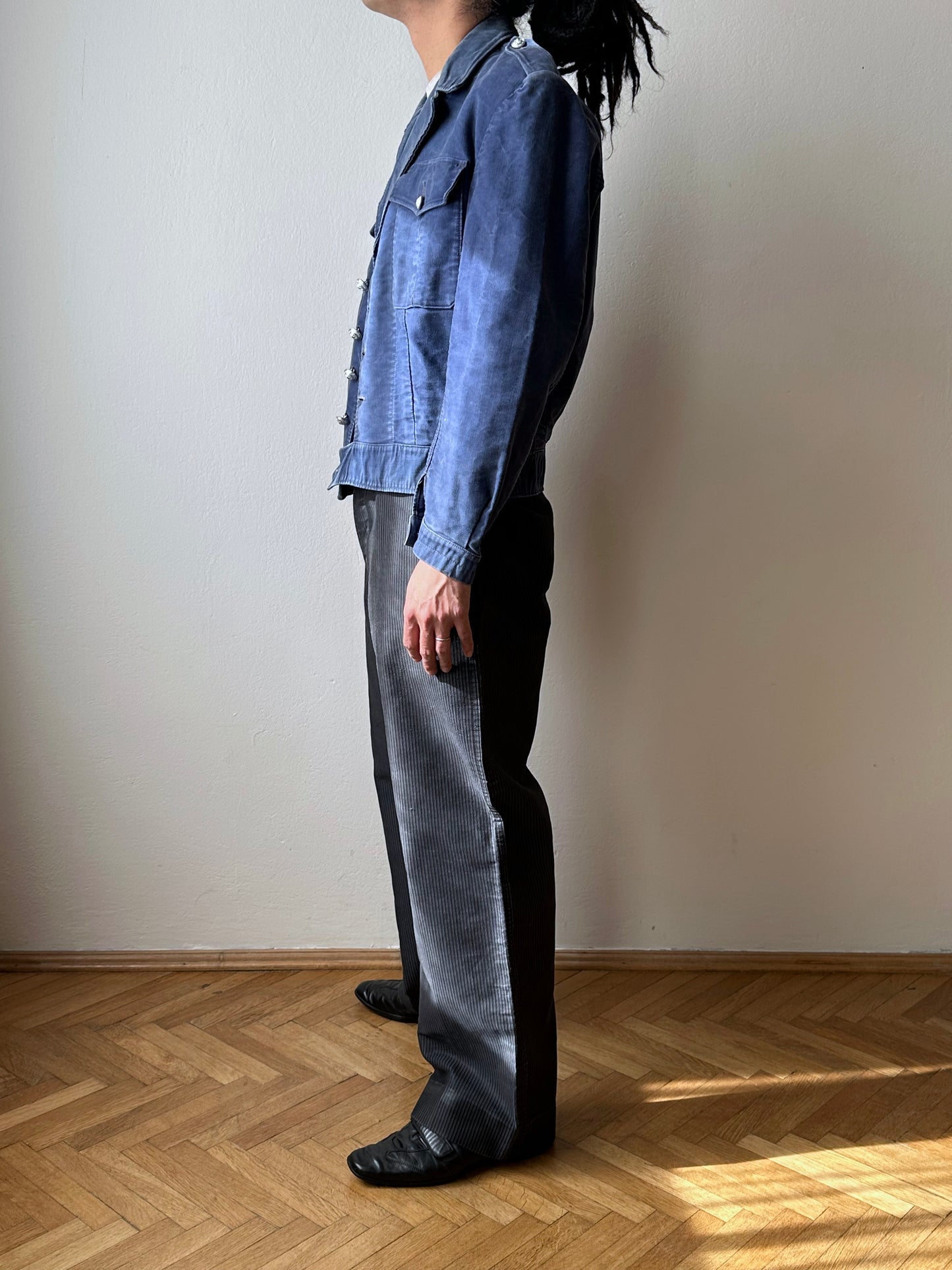 Circa 1940s Mont Saint Michel Blue Moleskin Firefighter Jacket