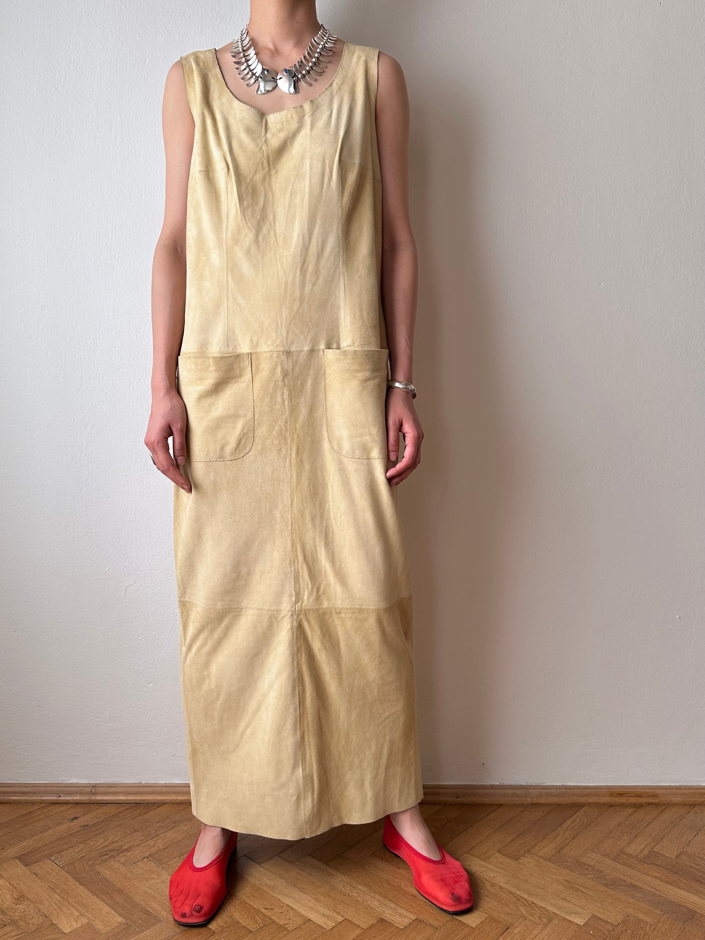 90s suede leather dress long スエード レザー ドレス スエードドレス レザードレス 肌色 nudy nudie skin color ヌーディー ワンピース 古着 ヴィンテージ vintage