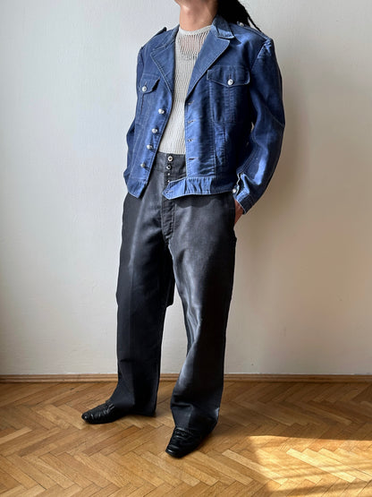 Circa 1940s Mont Saint Michel Blue Moleskin Firefighter Jacket