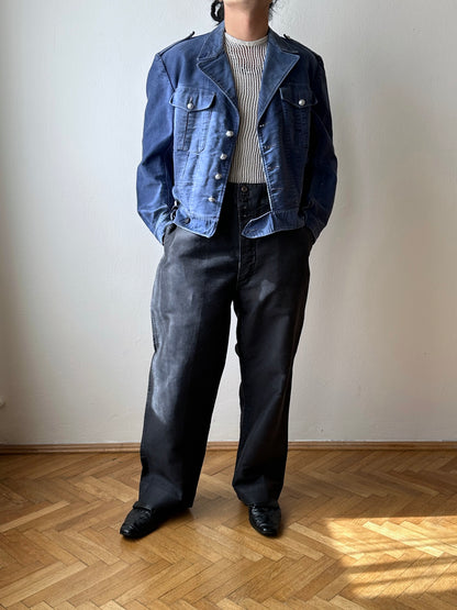 Circa 1940s Mont Saint Michel Blue Moleskin Firefighter Jacket