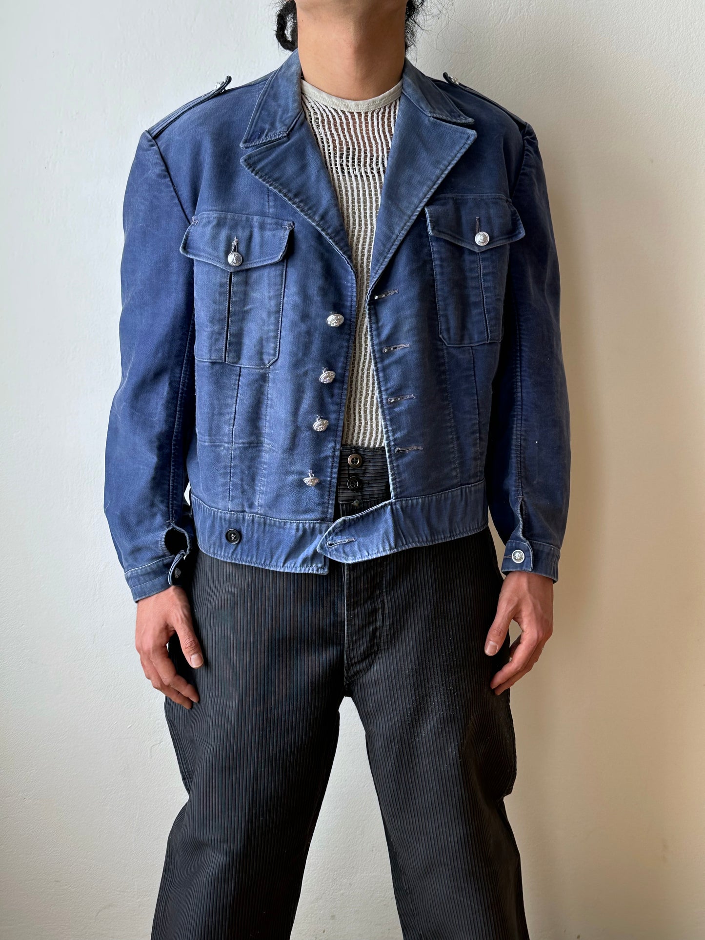 Circa 1940s Mont Saint Michel Blue Moleskin Firefighter Jacket