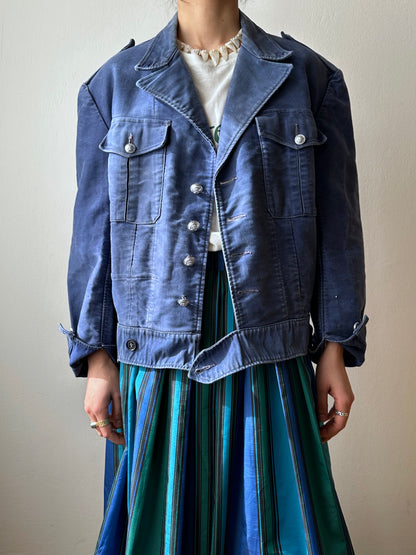 Circa 1940s Mont Saint Michel Blue Moleskin Firefighter Jacket