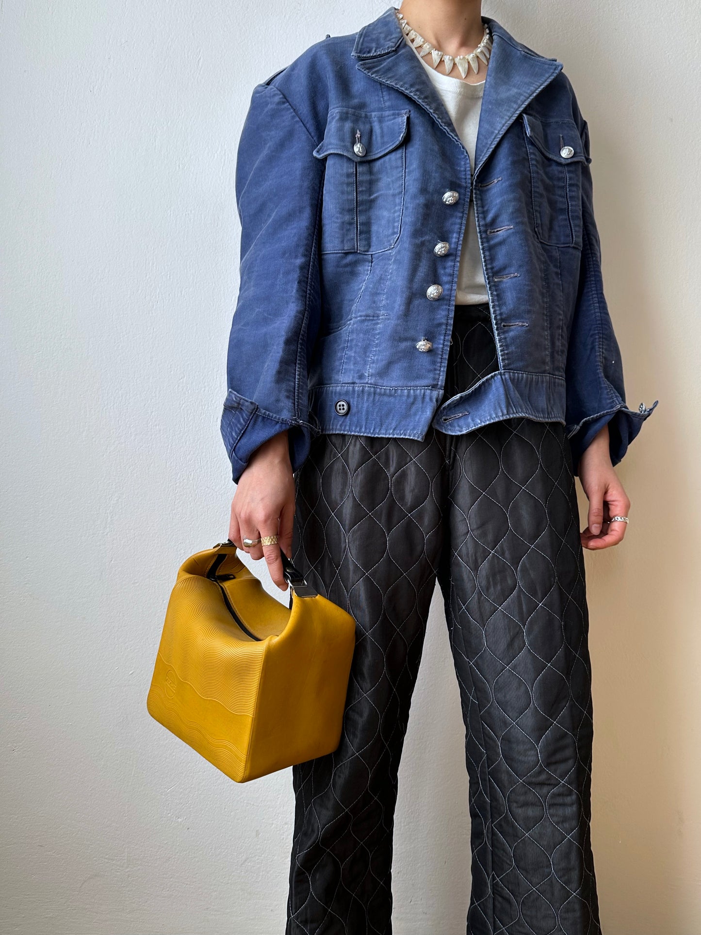 Circa 1940s Mont Saint Michel Blue Moleskin Firefighter Jacket