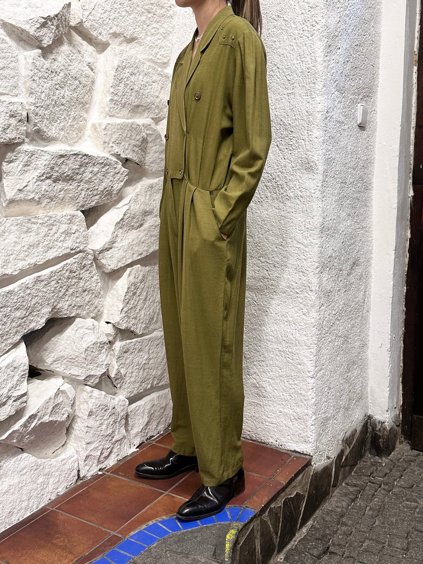 80s khaki viscose jumpsuit