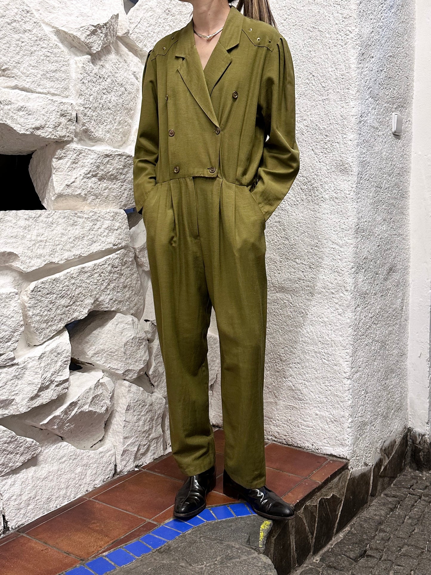 80s khaki viscose jumpsuit