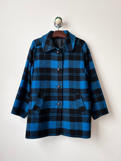 1980s VEB plaid wool coat turtan check checkered blue black 80s East German Germany DDR 80's 1980's jacket vintage clothing clothes Prague Praha Czech 古着 古着屋 プラハ TOTO　チェコ ヴィンテージ ヴィンテージショップ ヴィンテージストア
