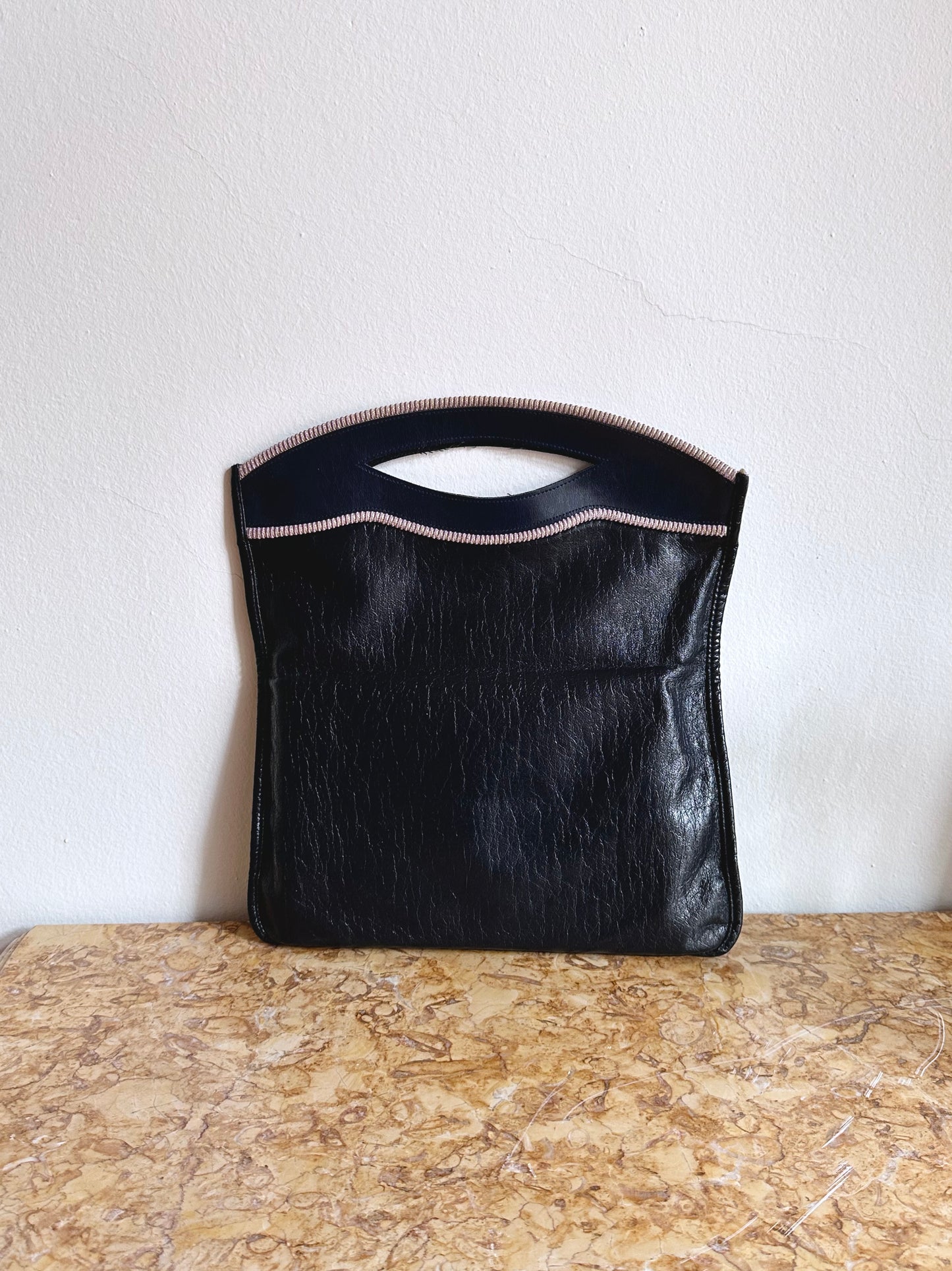 navy leather hand bag