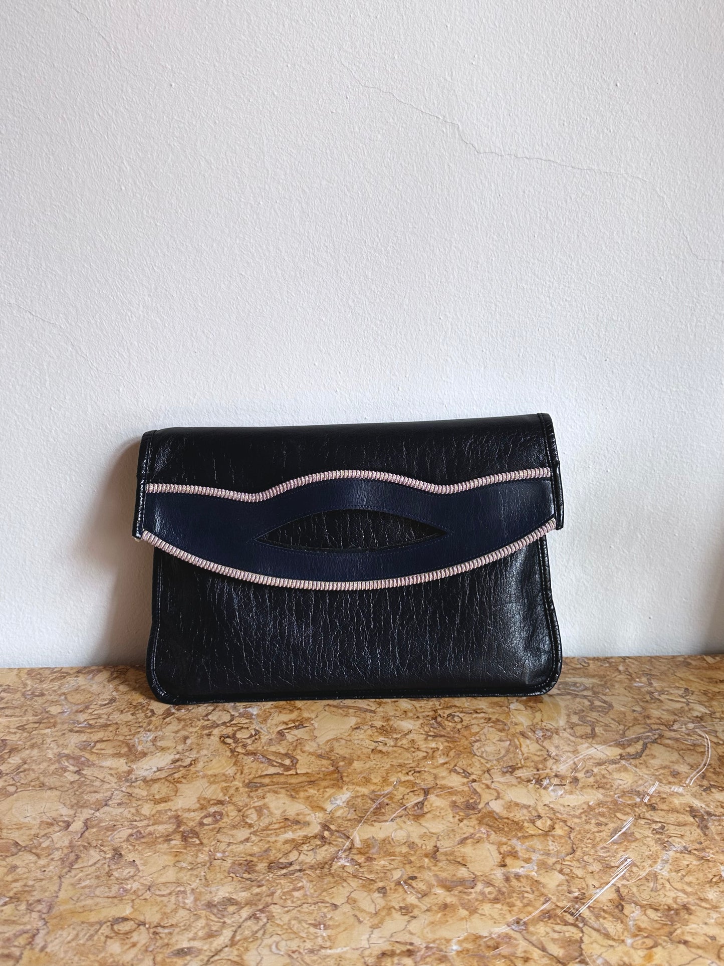 navy leather hand bag