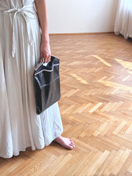 navy leather hand bag