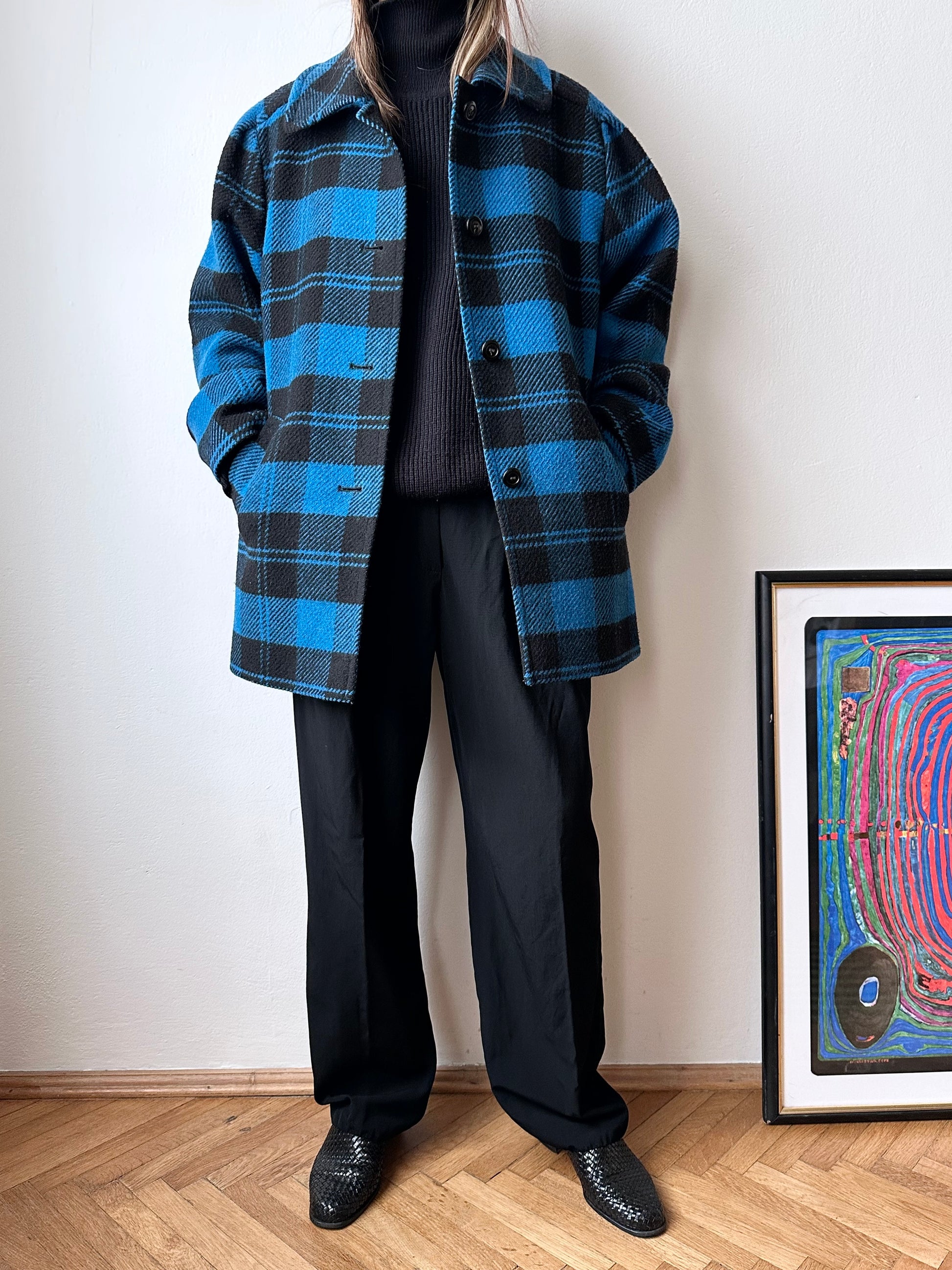 1980s VEB plaid wool coat turtan check checkered blue black 80s East German Germany DDR 80's 1980's jacket vintage clothing clothes Prague Praha Czech 古着 古着屋 プラハ TOTO　チェコ ヴィンテージ ヴィンテージショップ ヴィンテージストア
