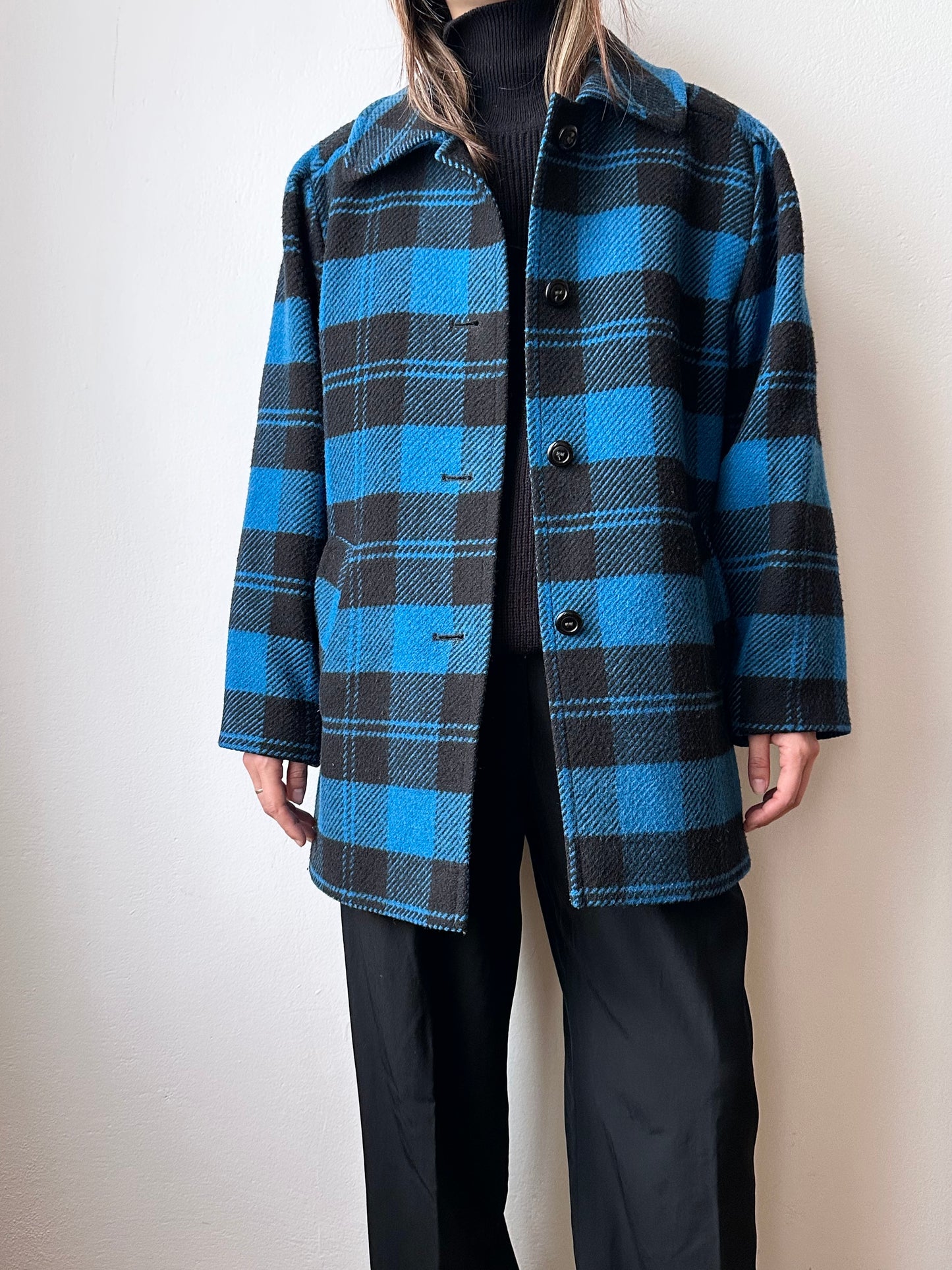 1980s VEB plaid wool coat turtan check checkered blue black 80s East German Germany DDR 80's 1980's jacket vintage clothing clothes Prague Praha Czech 古着 古着屋 プラハ TOTO　チェコ ヴィンテージ ヴィンテージショップ ヴィンテージストア