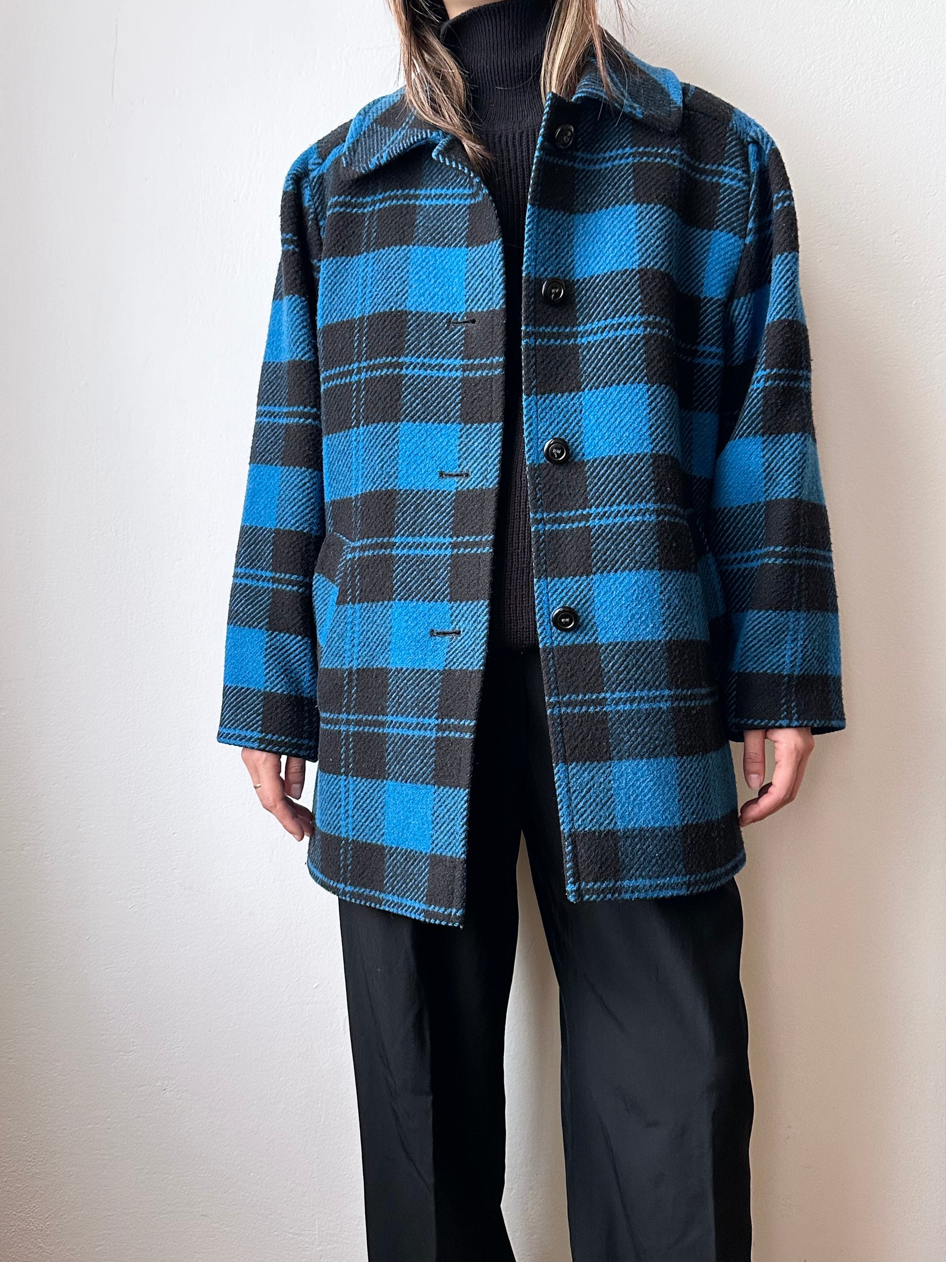 1980s VEB plaid wool coat turtan check checkered blue black 80s East German Germany DDR 80's 1980's jacket vintage clothing clothes Prague Praha Czech 古着 古着屋 プラハ TOTO　チェコ ヴィンテージ ヴィンテージショップ ヴィンテージストア